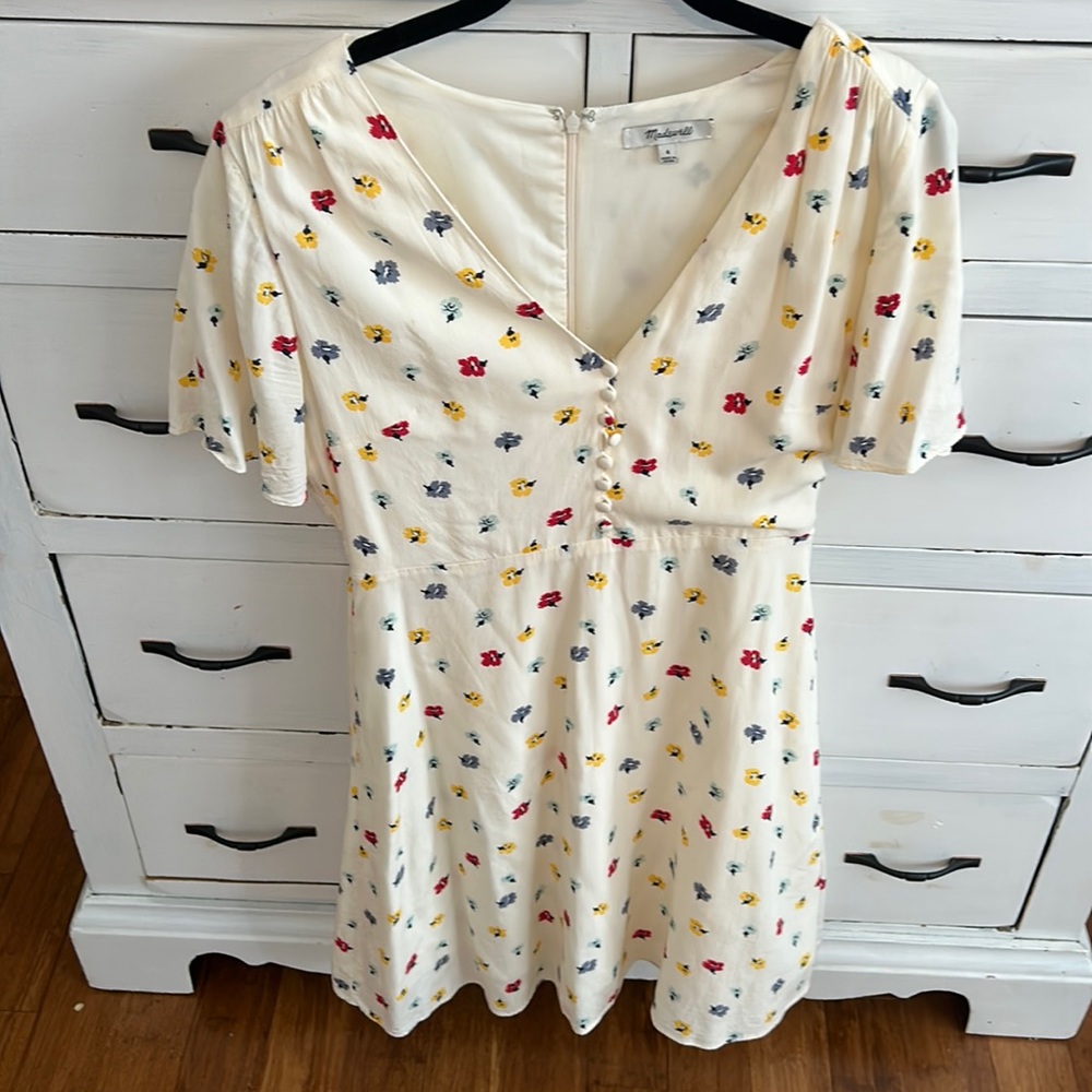 Madewell Cream Mini Dress with Red, Yellow & Gray Floral Print